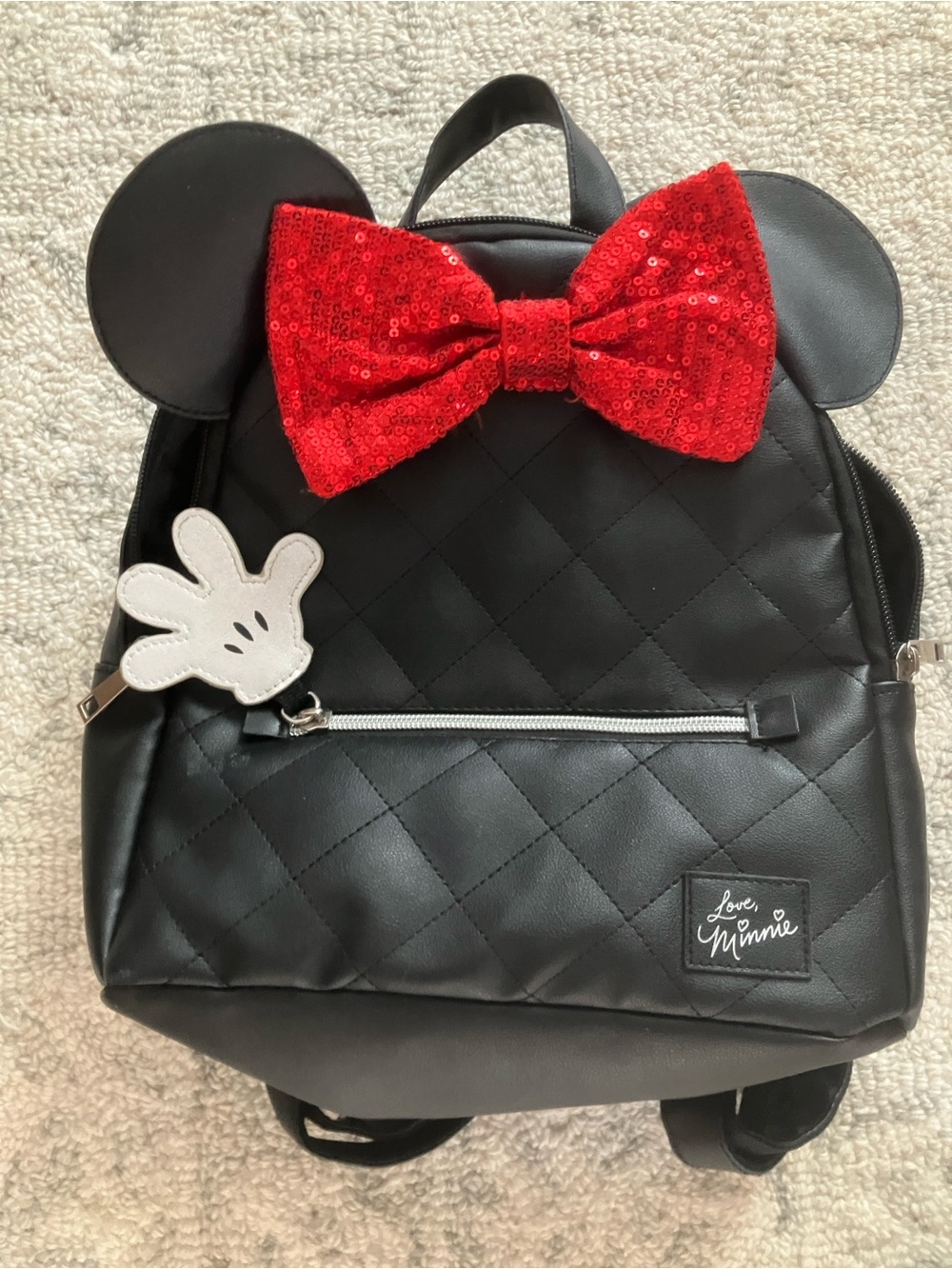 Disney Minnie Mouse Quilted Mini Backpack Red Sequin Bow Black